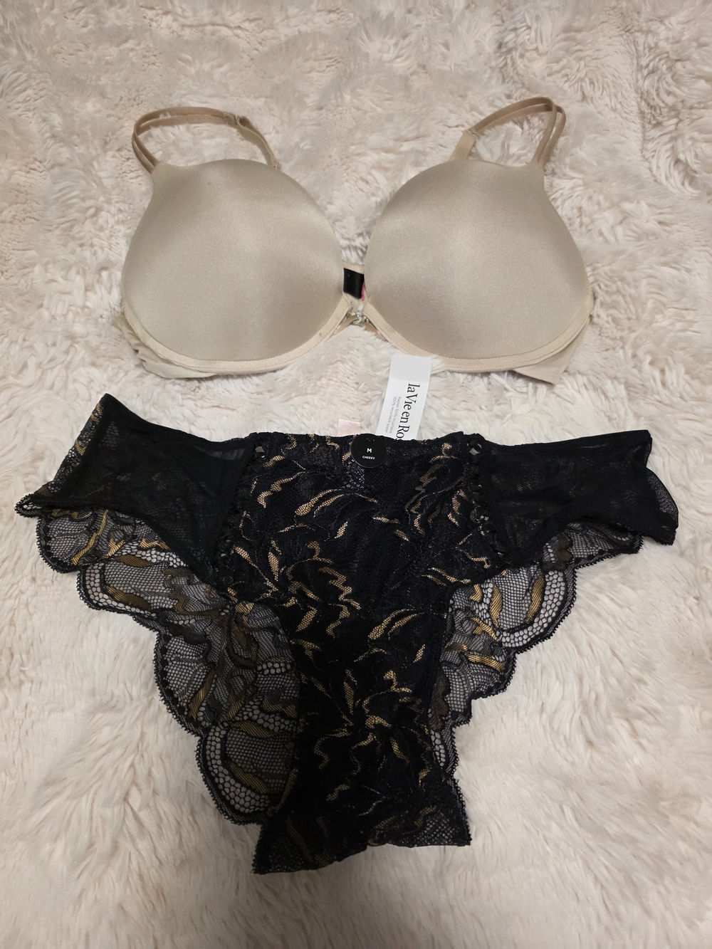 La SENZA Beige Push Up Bra with Black & Gold Lace Bikini Panty  Hello Sugar Bra